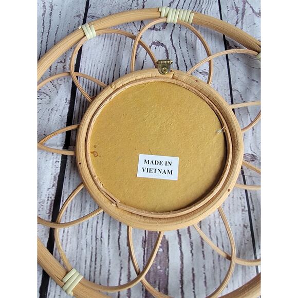 Vintage Boho 9.2" Mirror Round Rattan Mirror with Scalloped Border Vietnam 70s - Picture 2 of 5